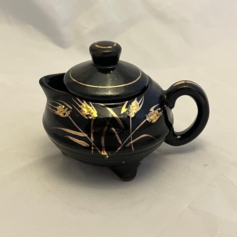 Small Redware Creamer 3-Foot Lidded, Black with Gold Detail Wheat, Vintage EUC